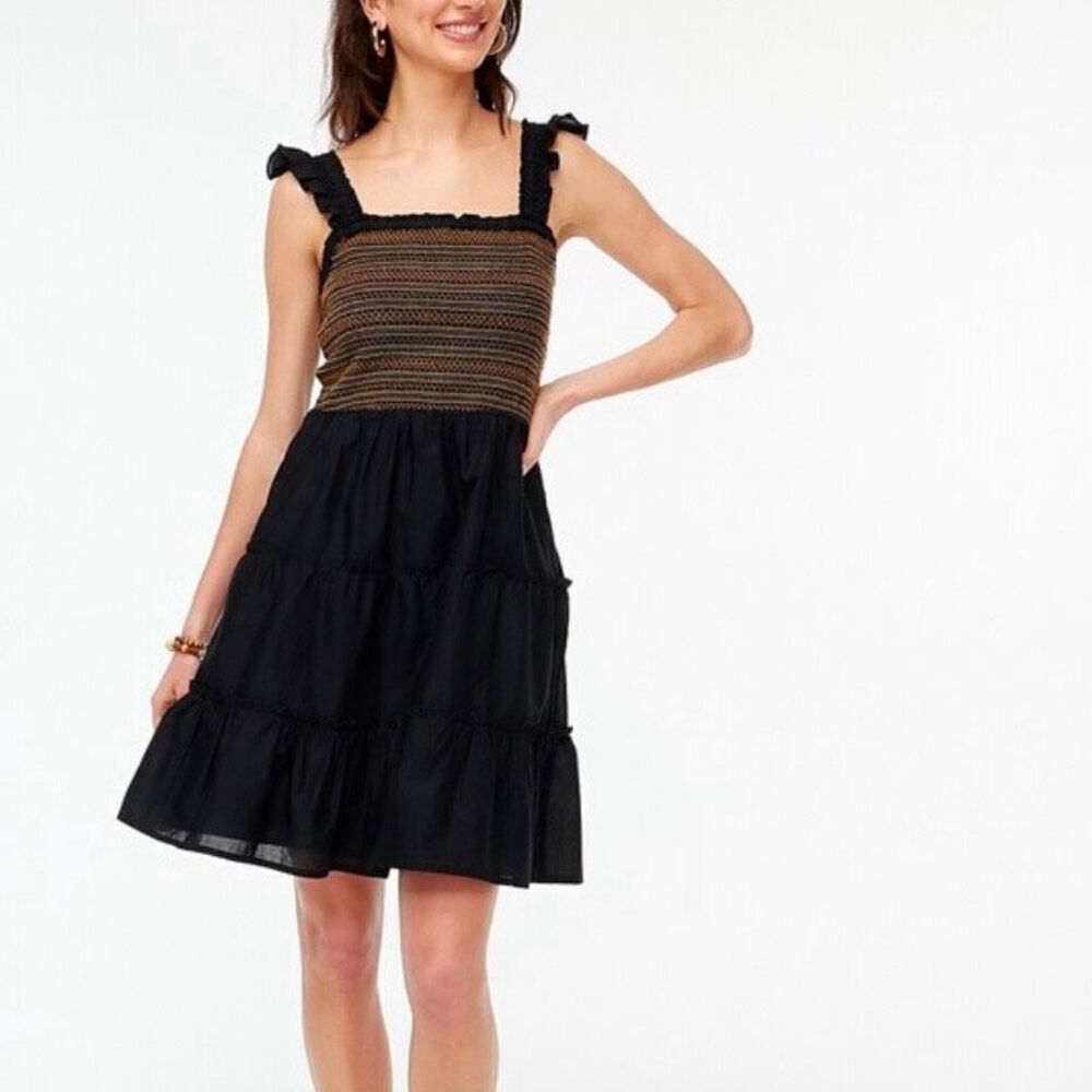 J. Crew Factory Women's Smocked Tiered Mini Dress Black Size S‎